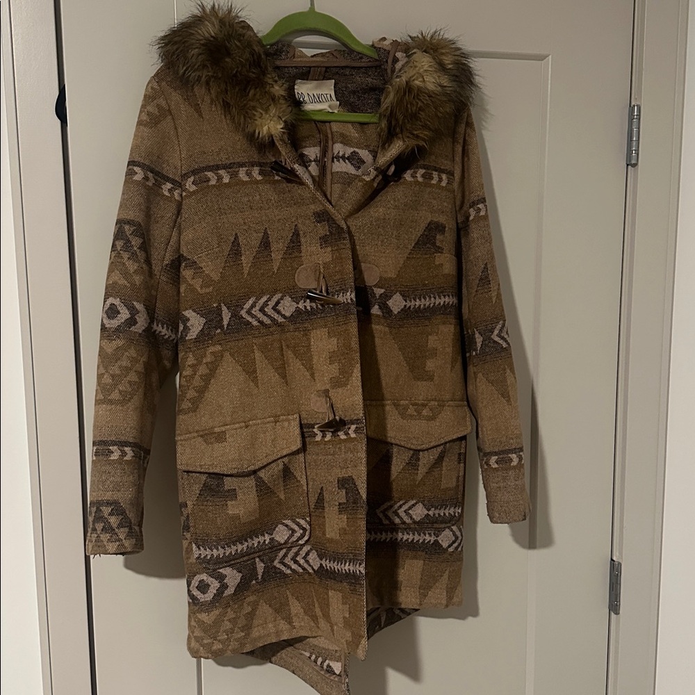 BB Dakota-Aztec Patterned Coat with Faux Fur Hood